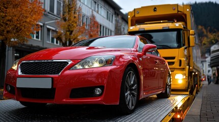 A striking red car is towed by a yellow truck on a scenic street surrounded by golden autumn foliage, illustrating motion, transportation, and the beauty of seasonal change in urban settings.