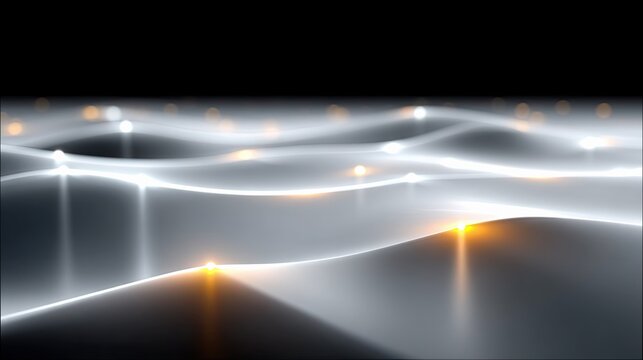 Abstract digital art featuring flowing white waves with bright orange and white glowing lights and bokeh in the background, creating a futuristic and ethereal m