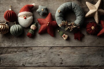 Rustic wooden surface with a collection of traditional christmas decorations including ornaments and a wreath
