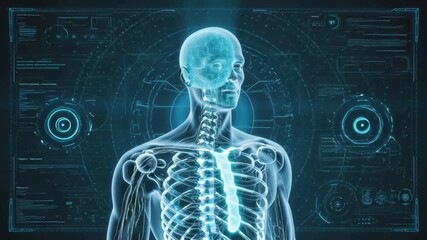 3D illustration of human anatomy, blue skeletal figure spine, skull, brain for medical health video Translucent human body with glowing intricate blue hologram style. 3d render animation 4k - Powered by Adobe
