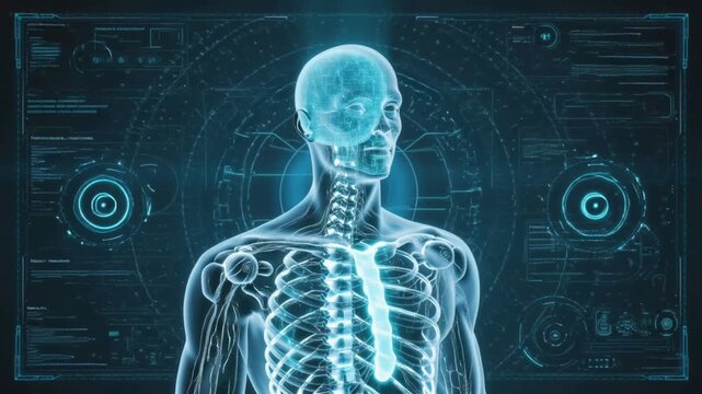 3D illustration of human anatomy, blue skeletal figure spine, skull, brain for medical health video Translucent human body with glowing intricate blue hologram style. 3d render animation 4k - Powered by Adobe