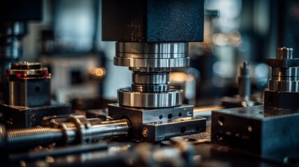 Close-up of industrial machinery. Metallic parts, intricate designs. Shallow depth of field. Modern industrial environment