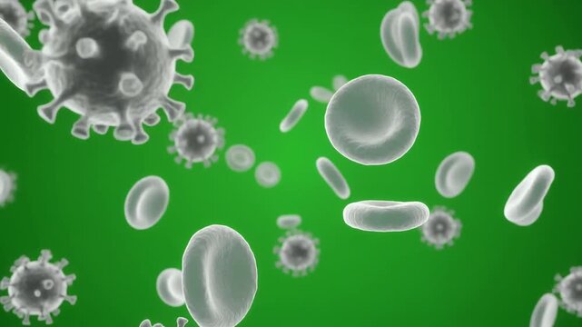Microscopic View of Virus and Blood Cells in Green Environment.