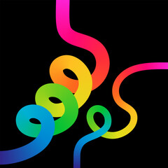 Vibrant rainbow gradient lines swirling on black background create a dynamic abstract design element