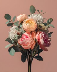 elegant flower bouquet isolated on a soft pastel background, fresh roses, peonies, eucalyptus leaves, delicate natural colors