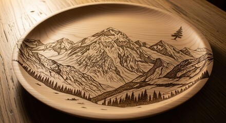 Engraved wooden plate showcasing detailed mountain range artistic scenery and a tree