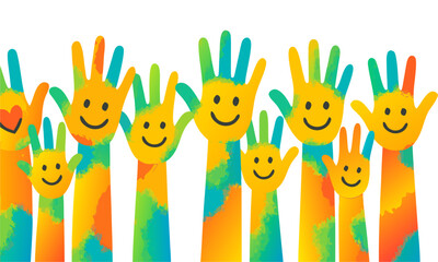 Charity community colorful kids hands background  vector illustration, easily editable. 
