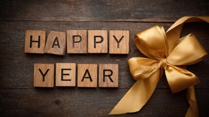 Rustic wooden blocks spelling happy year with a luxurious golden ribbon bow on a dark wooden background