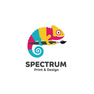 A colorful chameleon perched on a paintbrush, symbolizing creativity, adaptability, and vibrant design for a modern print and design brand identity.