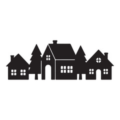 Fototapeta premium Silhouette of houses and trees a winter village scene graphic