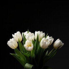 Elegant bouquet of radiant white tulips blooming against a stark nocturnal background providing
