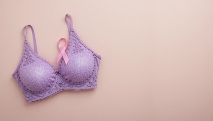 Lace purple bra with pink awareness ribbon on soft neutral background, symbolizing women health support and breast cancer awareness in clean modern minimal campaign style
