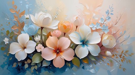 Naklejka premium Soft, ethereal floral oil painting. White, pink, blue, orange blossoms with green and brown foliage. Dreamy blue, white, and pink background. Visible brushstrokes create movement. Wallart.
