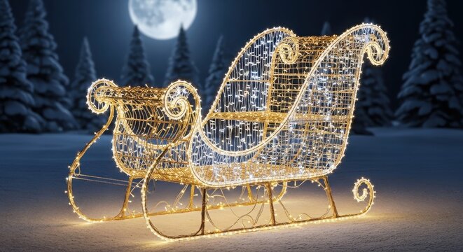 Illuminated santas sleigh glowing in a snowy winter night under a full moon