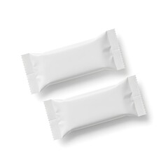 Two white snack bars arranged on white background, minimal food packaging mockup