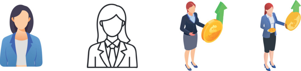 Businesswoman Icon and Financial Growth Investment Illustration Set