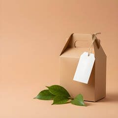 Kraft paper takeout bag with blank tag and green leaves, eco-friendly food packaging concept