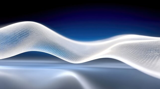 A glowing white mesh forms a flowing wave shape against a dark blue background, with a reflective surface below.