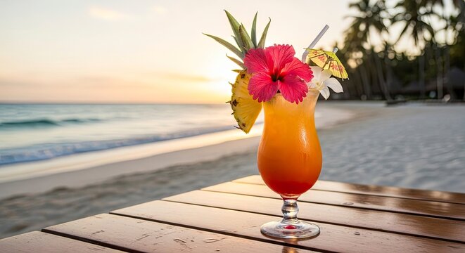 Tropical Cocktail on Beach at Sunset - A Refreshing Vacation Escape.