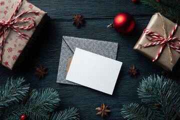 Overhead view of two rustic christmas gift boxes tied with red ribbon next to pine branches and ornaments