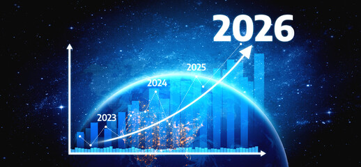 This visually striking image showcases a futuristic growth chart displaying economic projections from 2023 to 2026, emphasizing data analysis and global development. Tessel