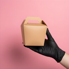 Hand in black glove presenting a closed kraft takeout food carton on pink background, hygienic packaging