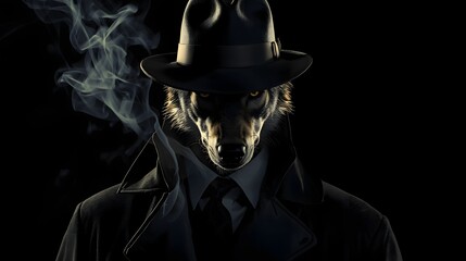 Male wolf in a fedora and trench coat