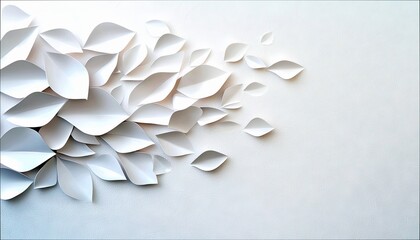 A composition of white paper cutouts resembling leaves, arranged in a cluster that appears to be flowing or scattering across a clean, white surface. Soft light