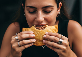 Woman enjoys a delicious savory pastry, a tempting treat for food lovers and culinary adventures, a flavorful snack for a casual and authentic dining experience