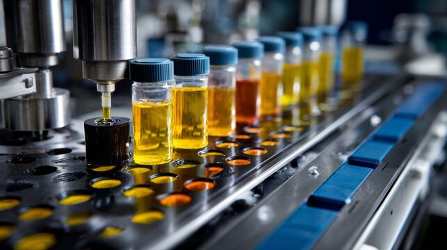 Automated filling process. A robotic arm dispenses liquid into glass vials arranged in a row. Various colored liquids fill the containers