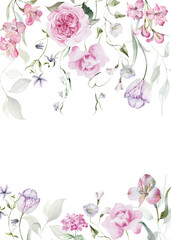 Watercolor floral border clipart in vintage rustic style, colored purple pink violet garden illustration. Hand painting print - abstract flowers, leaves, plants. Design texture, textile, wallpaper.