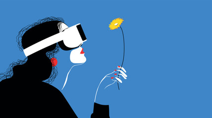 Modern vector banner of a woman wearing a VR headset holding a yellow flower, symbolizing the connection between technology and nature. Minimal colorful illustration for futuristic concepts