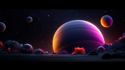 A surreal and colorful alien planet landscape featuring a large ringed planet, several moons, and glowing flora against a starry night sky.