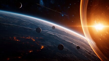 A view from orbit of an alien planet with glowing geological features, several moons, and a large ringed gas giant illuminated by a bright star in the backgroun