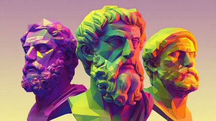 Three vibrant geometric busts glow with psychedelic colors