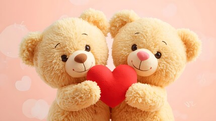Two teddy bears with soft, rounded features and endearing facial expressions,