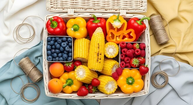 A delightful top-down view of a bountiful summer harvest in a rustic wicker basket, showcasing vibrant fresh organic fruits and vegetables ready for healthy eating
