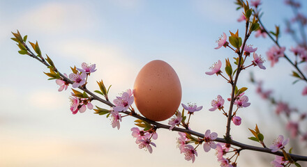 A delicate Easter egg hanging from a blooming cherry blossom branch, with soft pink petals gently falling around it. The background is a dreamy, blurred landscape of a spring garden.