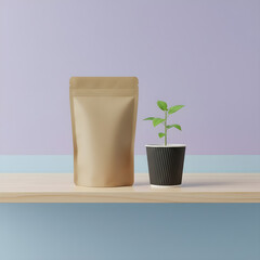 Kraft stand-up pouch with small plant sprout on pastel shelf, eco packaging and sustainable product display