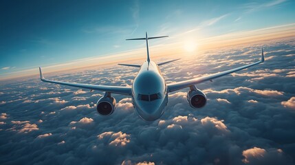 Ultra-detailed commercial airplane flying high above the clouds,