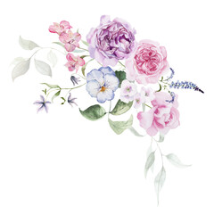 Watercolor floral bouquet clipart in vintage rustic style, colored purple pink violet garden illustration. Hand painting print - abstract flowers, leaves, plants. Design texture, textile, wallpaper.