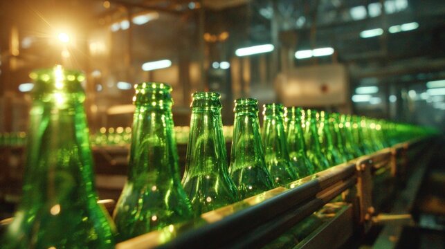 Green bottles on a production line in a modern beverage factory