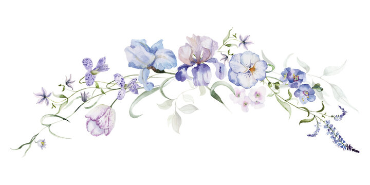 Watercolor floral bouquet clipart in vintage rustic style, colored purple pink violet garden illustration. Hand painting print - abstract flowers, leaves, plants. Design texture, textile, wallpaper.
