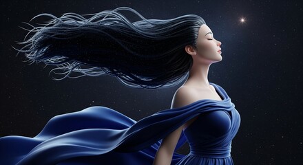 Realistic 3D Render of Elegant Woman Under Starry Sky