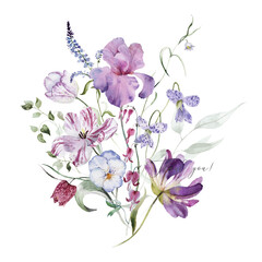 Watercolor floral bouquet clipart in vintage rustic style, colored purple pink violet garden illustration. Hand painting print - abstract flowers, leaves, plants. Design texture, textile, wallpaper.