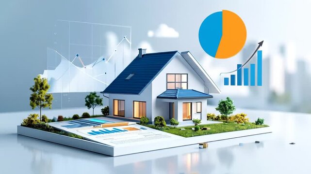 Real estate concept with house and financial charts showing growth and market analysis