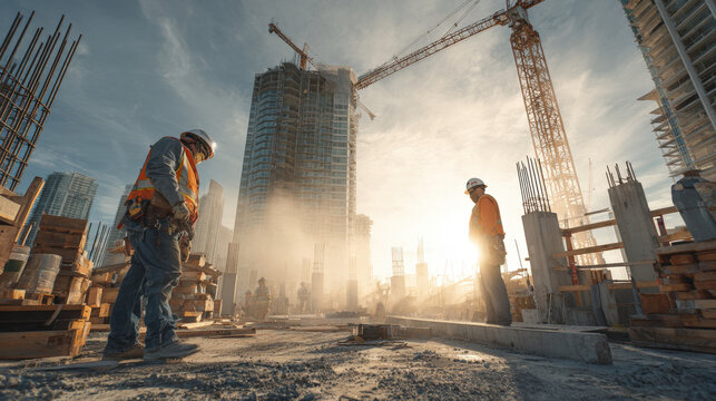 Two construction workers in hard hats and safety gear stand on a large, active building site with towering skyscrapers, cranes, backlighting from the low sun, symbolizing development and industry.