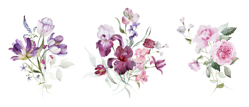 Watercolor floral bouquets clipart in vintage rustic style, colored purple pink violet garden illustration. Hand painting print - abstract flowers, leaves, plants. Design texture, textile, wallpaper.