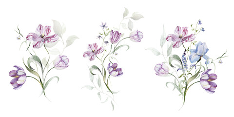 Watercolor floral bouquets clipart in vintage rustic style, colored purple pink violet garden illustration. Hand painting print - abstract flowers, leaves, plants. Design texture, textile, wallpaper.