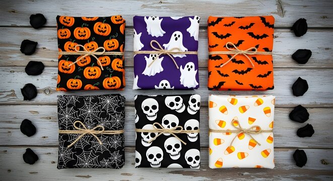 Six folded halloween fabric squares, tied with twine, pumpkin, ghost, bat, skull, and candy corn patterns, on a rustic wooden background - Powered by Adobe
